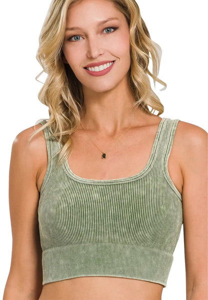 Olive Mineral Washed Ribbed Square-Neck Cropped Tank Top