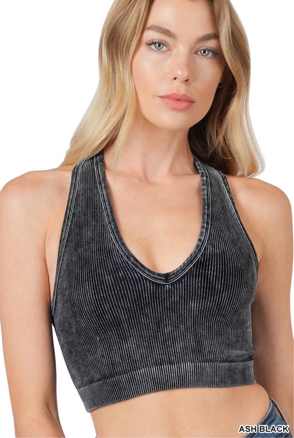 Ash Black Mineral Washed Ribbed V-Neck Cropped Racerback Tank Top