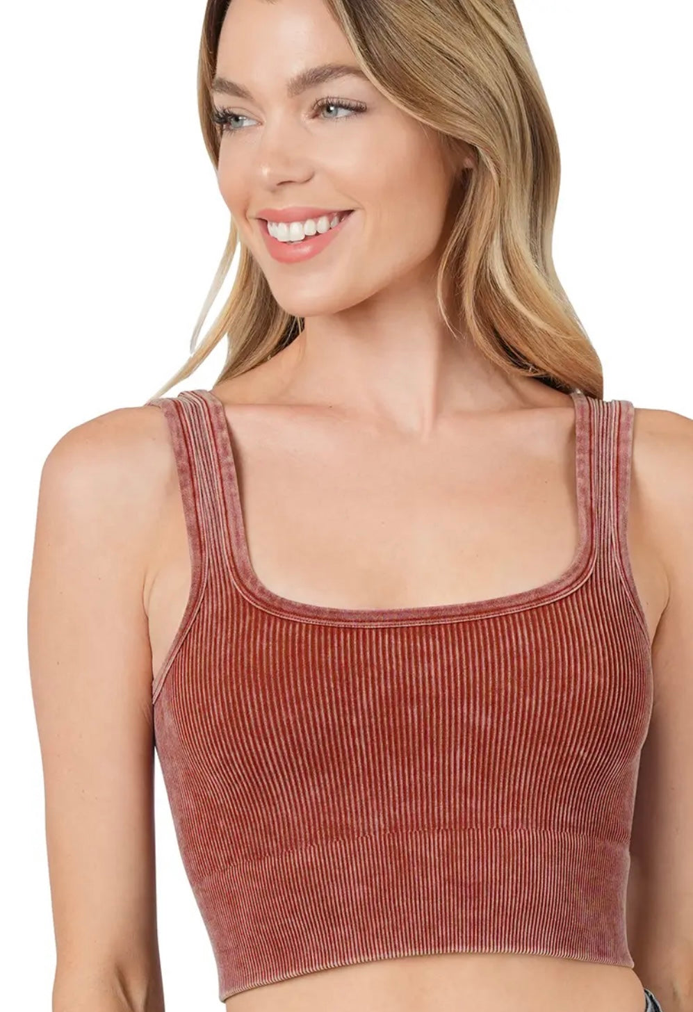 Rust Mineral Washed Ribbed Square Neck Cropped Tank Top