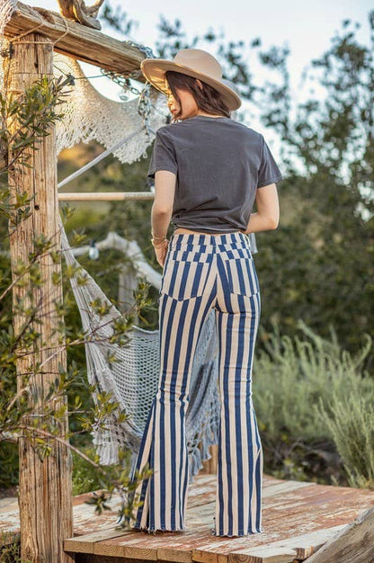 Sofia Super Flares - Striped Denim Jeans Navy And Sand