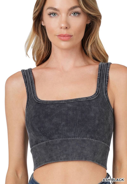 Ash Black Mineral Washed Ribbed Square Neck Cropped Tank Top