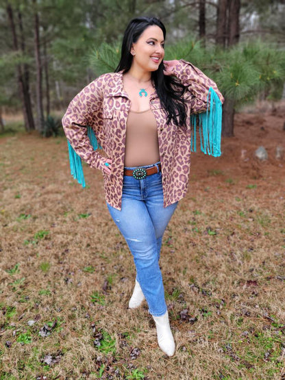 Walk On The Wild Side - Turquoise and Cheetah Print Fringe Jacket