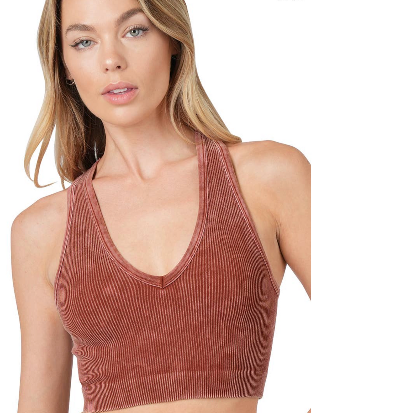 Rust Mineral Washed Ribbed V-Neck Cropped Racerback Tank Top