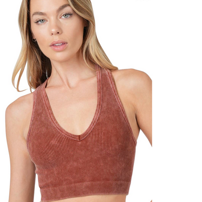 Rust Mineral Washed Ribbed V-Neck Cropped Racerback Tank Top