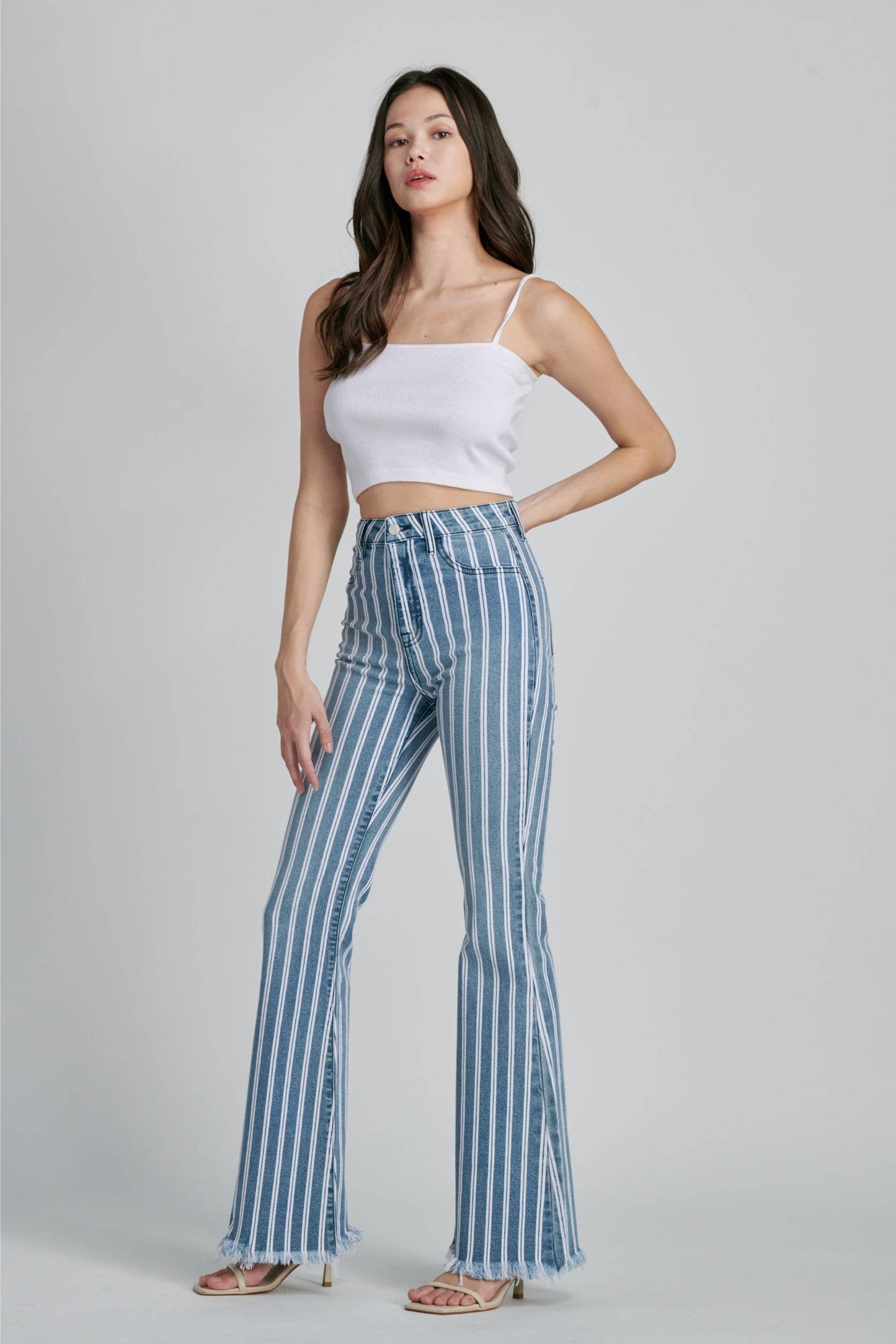 The Vera Vertical Stripe Pants - High Waisted Super Flare Denim Jeans