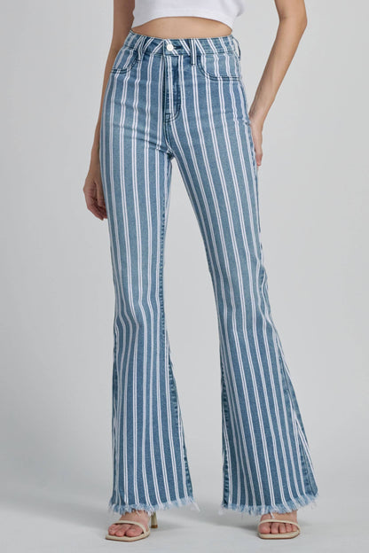 The Vera Vertical Stripe Pants - High Waisted Super Flare Denim Jeans