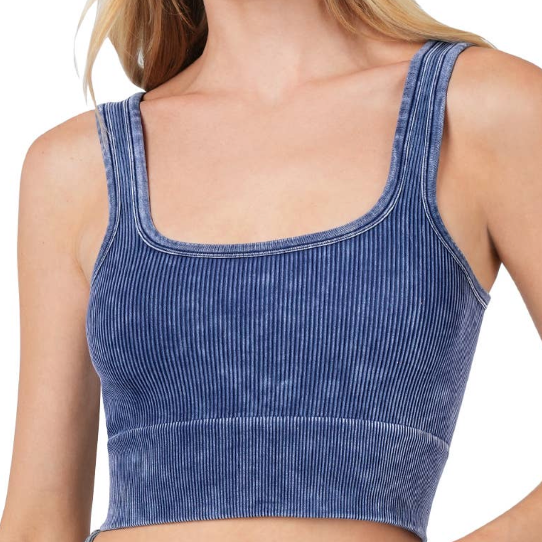 Light Navy Mineral Washed Ribbed Square Neck Cropped Tank Top