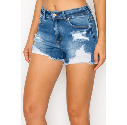 Cherry Bottom - Medium Wash Frayed Denim Shorts