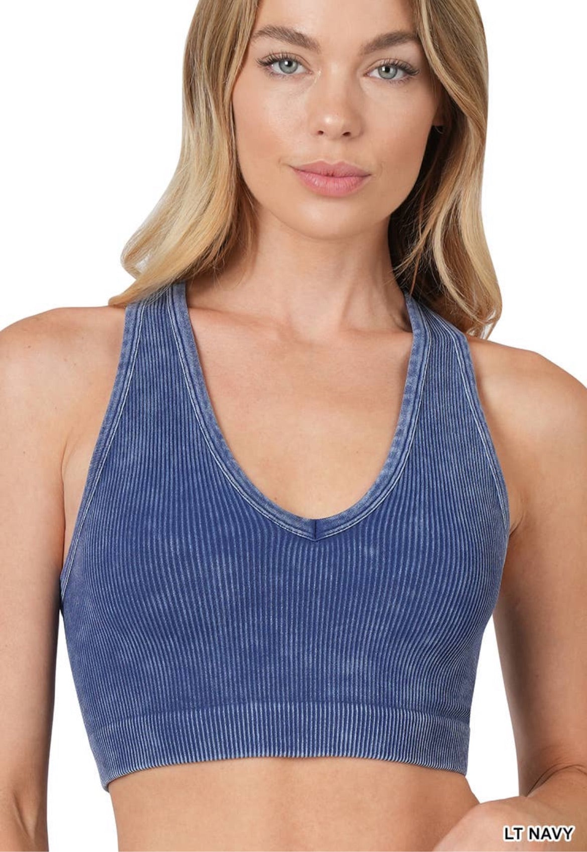 Light Navy Mineral Washed Ribbed V-Neck Cropped Racerback Tank Top