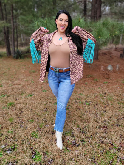 Walk On The Wild Side - Turquoise and Cheetah Print Fringe Jacket