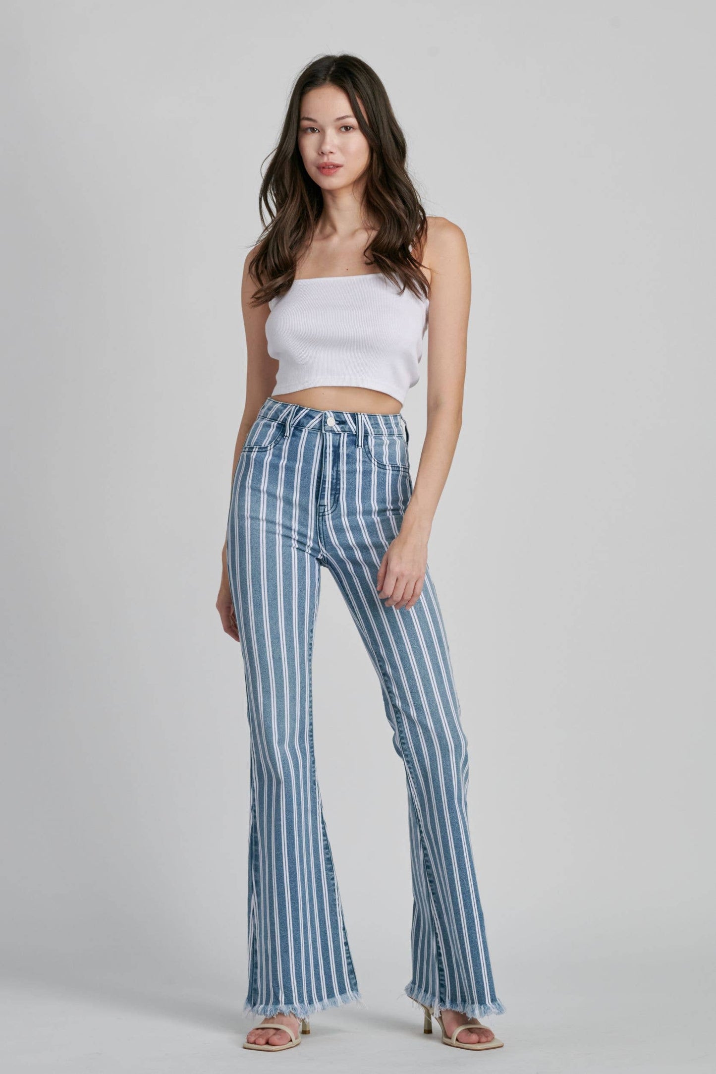 The Vera Vertical Stripe Pants - High Waisted Super Flare Denim Jeans