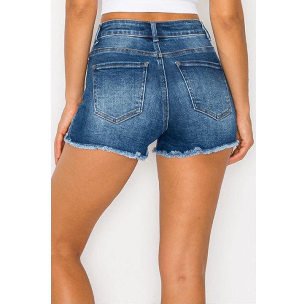 Cherry Bottom - Dark Wash Frayed Denim Shorts