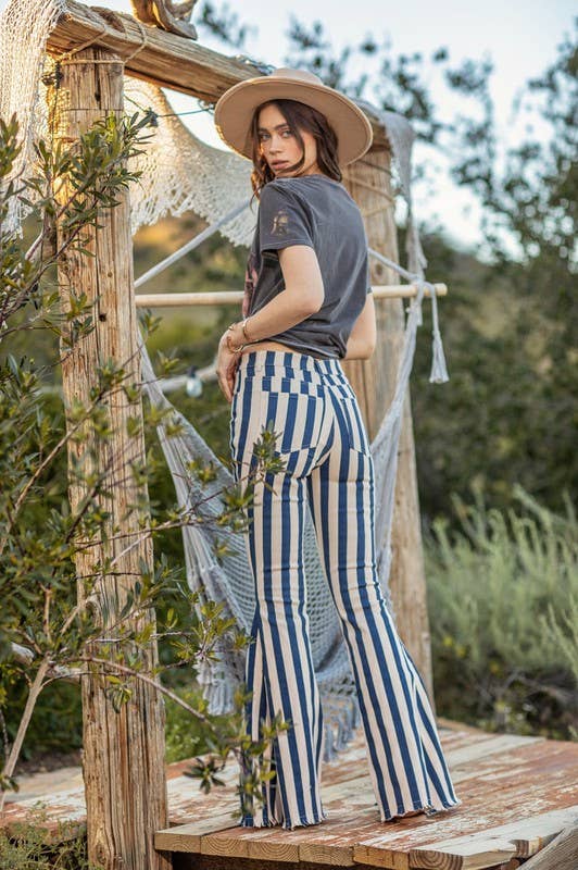 Sofia Super Flares - Striped Denim Jeans Navy And Sand