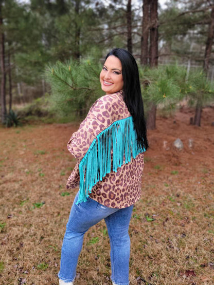 Walk On The Wild Side - Turquoise and Cheetah Print Fringe Jacket