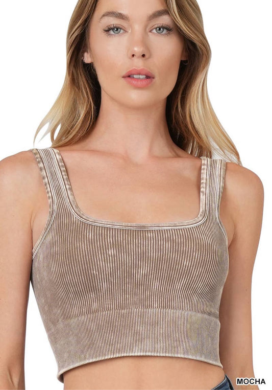 Mocha Mineral Washed Ribbed Square Neck Cropped Tank Top