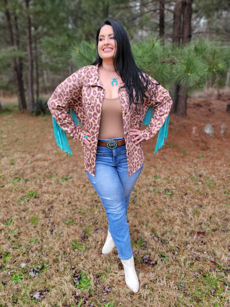 Walk On The Wild Side - Turquoise and Cheetah Print Fringe Jacket