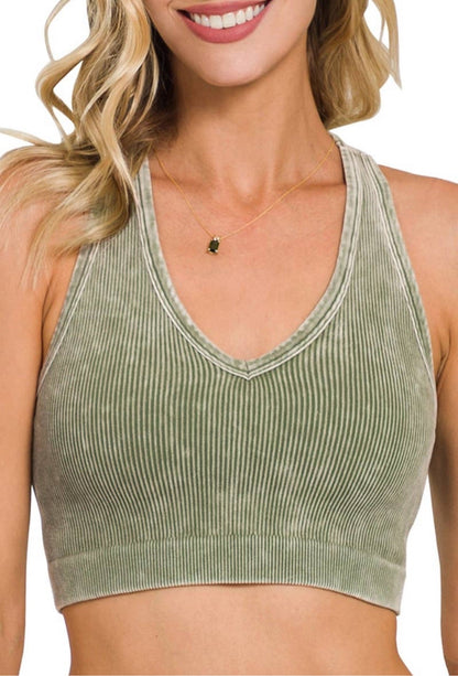 Olive Mineral Washed Ribbed Square Neck Cropped Tank Top